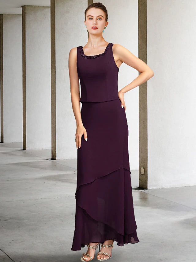 Zweiteiliges A-Linien-Kleid für die Brautmutter in Übergröße, elegant, quadratischer Ausschnitt, knöchellang, Chiffon, ärmellos, Wickeljacke inklusive, Kleider mit Perlenbesatz, Perlenbesatz